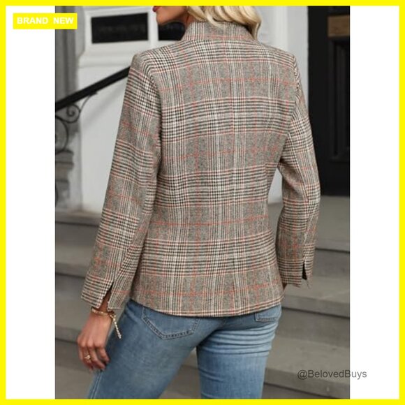 Plaid Blazer Open Front Stand Collar Boyfriend Jacket Work Casual - Picture 2 of 7